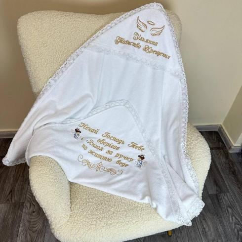 Крижма для хрещення "Таїнство хрещення Ульяни", розмір 100*100 см, щільність 500 г/м2